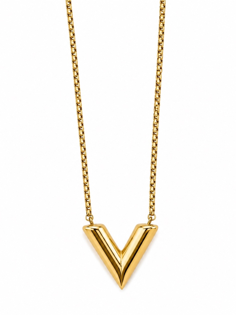Louis Vuitton Essential V Gold Tone Necklace LV Logo Pendant